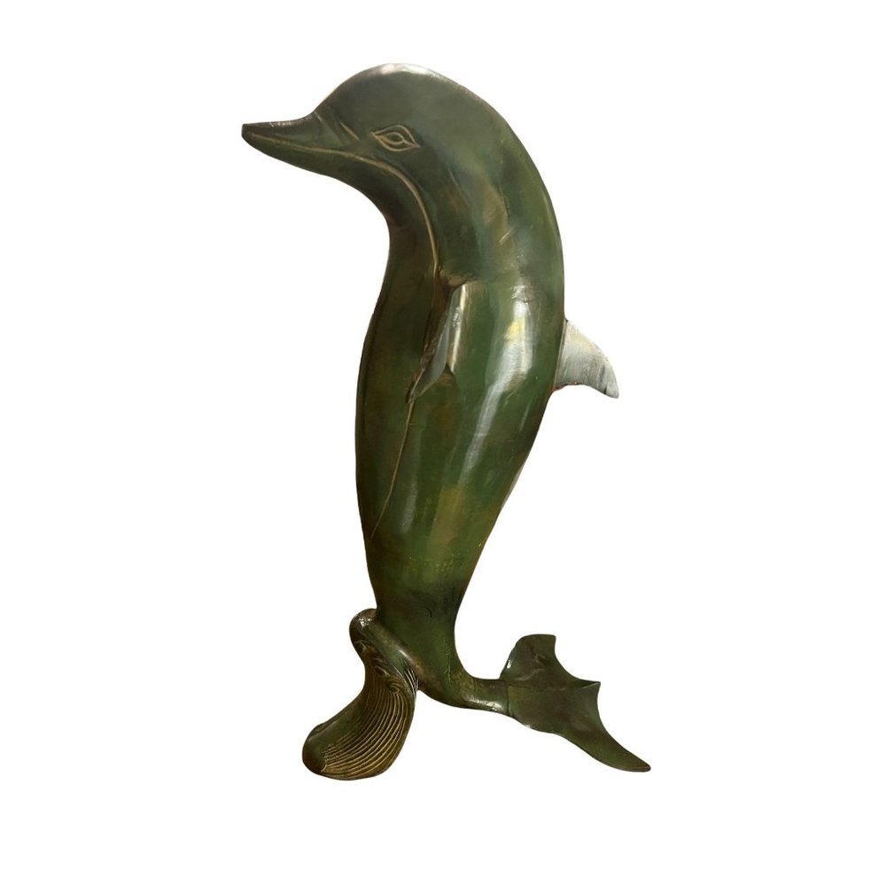 Vintage Green Brass Large Dolphin Statue Made in India 18" tall